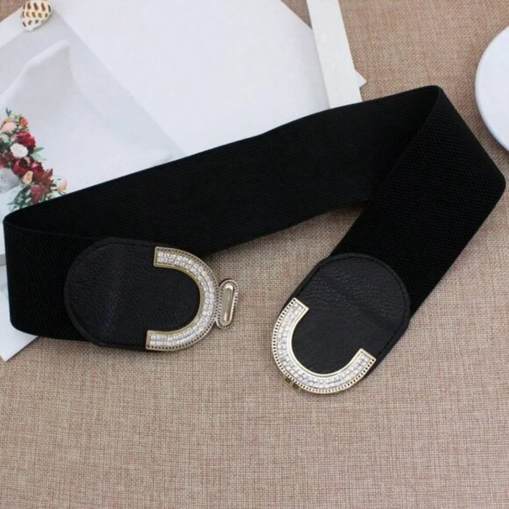 Rhinestone Buckle With Elastic Waist Belt Black